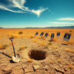 Flick International A desolate rural landscape in Kern County, California, showing weathered shovels and missing person posters.