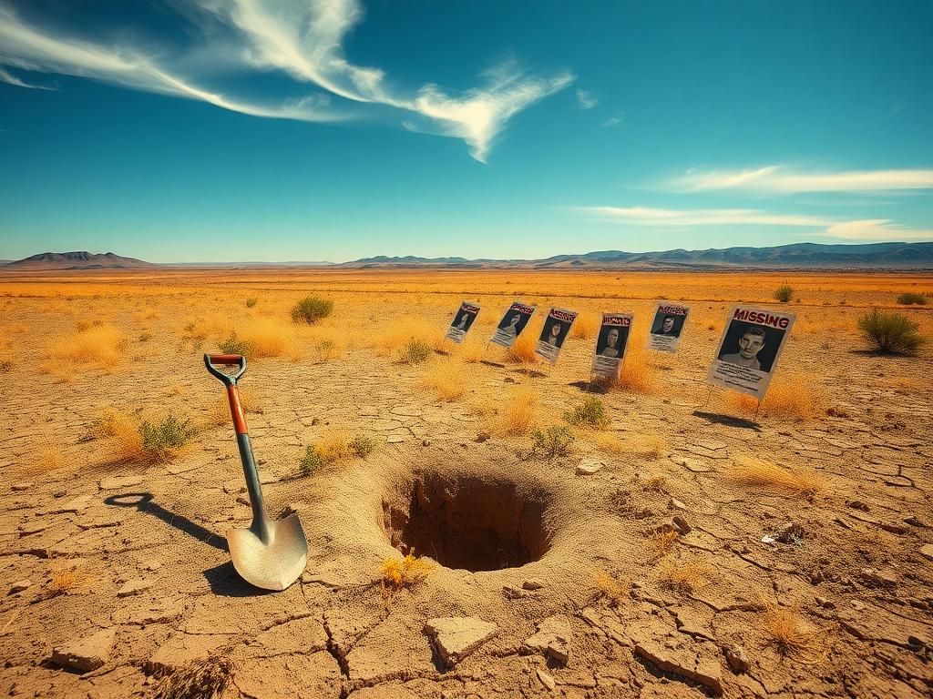 Flick International A desolate rural landscape in Kern County, California, showing weathered shovels and missing person posters.