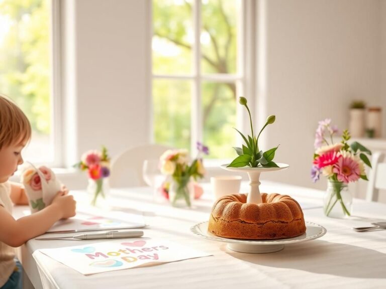 Flick International Family celebration at a sunlit kitchen table with Mother's Day crafts and a freshly baked cake