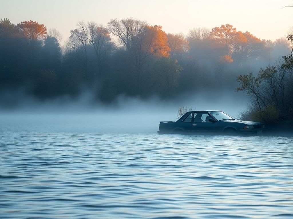 Flick International A foggy landscape along the Fox River, featuring a vintage 1980 Toyota Celica partially submerged in vegetation.