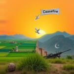 Flick International Serene landscape depicting the border between India and Pakistan, with contrasting features of peace and conflict.