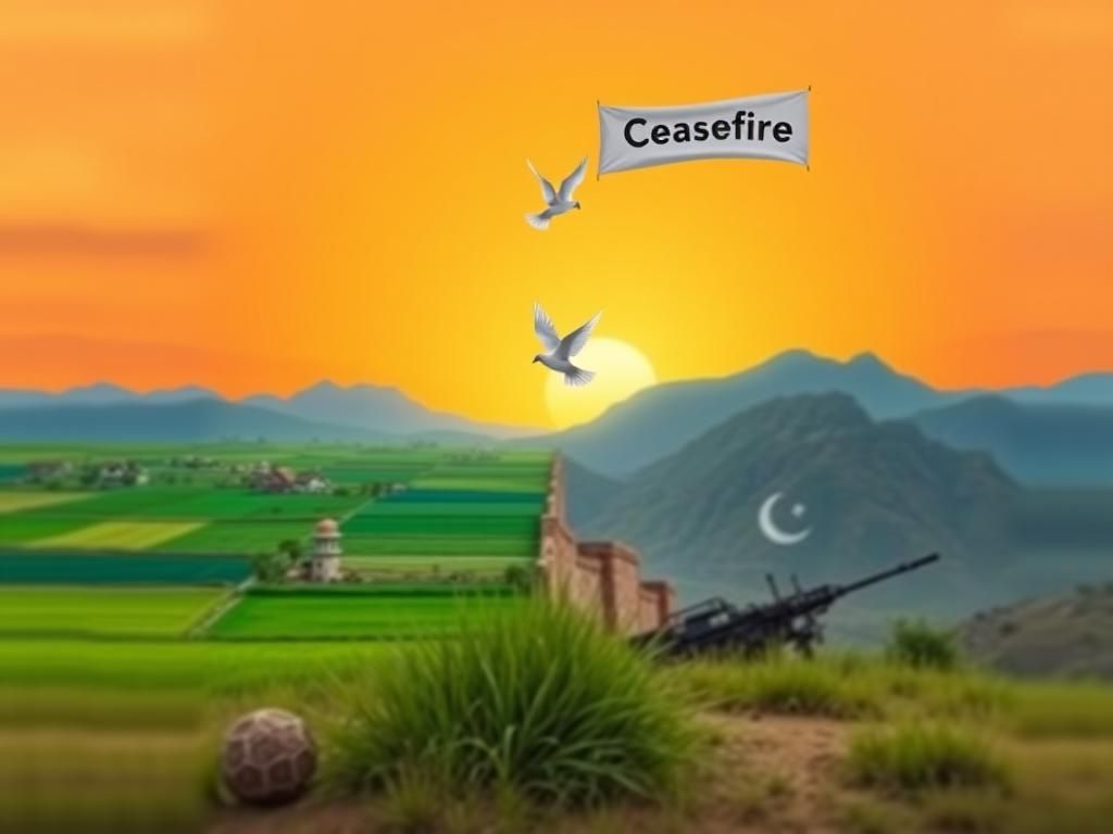 Flick International Serene landscape depicting the border between India and Pakistan, with contrasting features of peace and conflict.