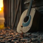 Flick International Acoustic guitar resting on an old barn wall symbolizing family legacy