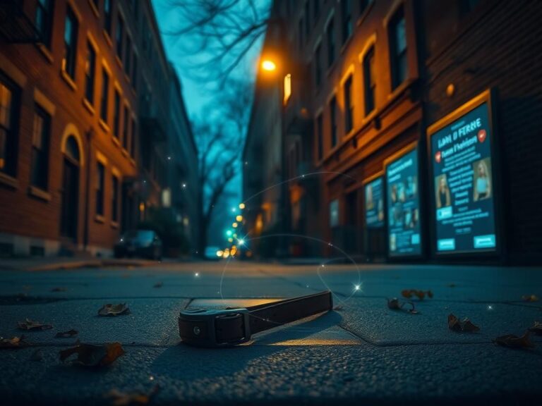 Flick International A lost dog collar illuminated by a streetlight in a New York City urban landscape