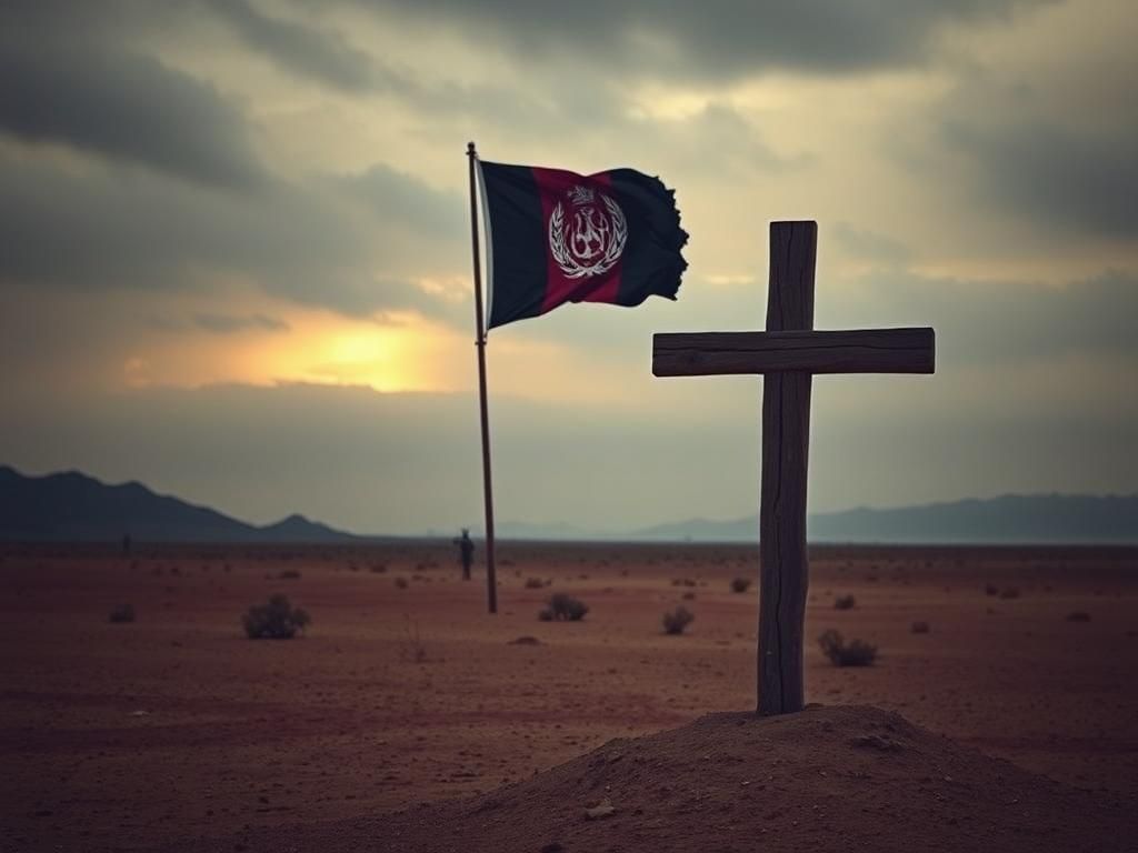 Flick International A weathered wooden cross standing in a barren desert, symbolizing faith and sacrifice faced by Afghan Christians.