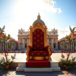 Flick International A panoramic view of St. Peter’s Square at dawn, featuring a decorated papal throne and traditional symbols of peace.