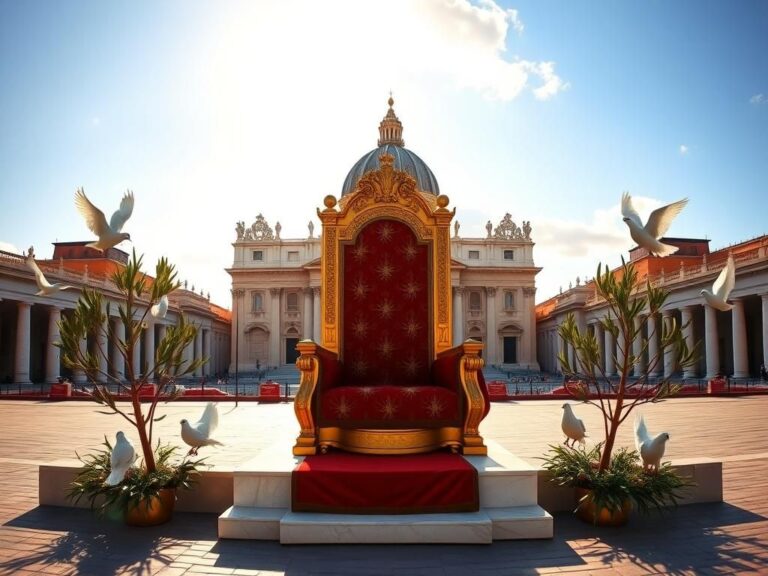 Flick International A panoramic view of St. Peter’s Square at dawn, featuring a decorated papal throne and traditional symbols of peace.