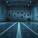 Flick International Empty indoor fencing arena with marked fencing strip and blurred fencing gear in the background