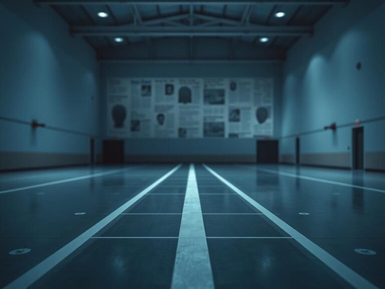 Flick International Empty indoor fencing arena with marked fencing strip and blurred fencing gear in the background