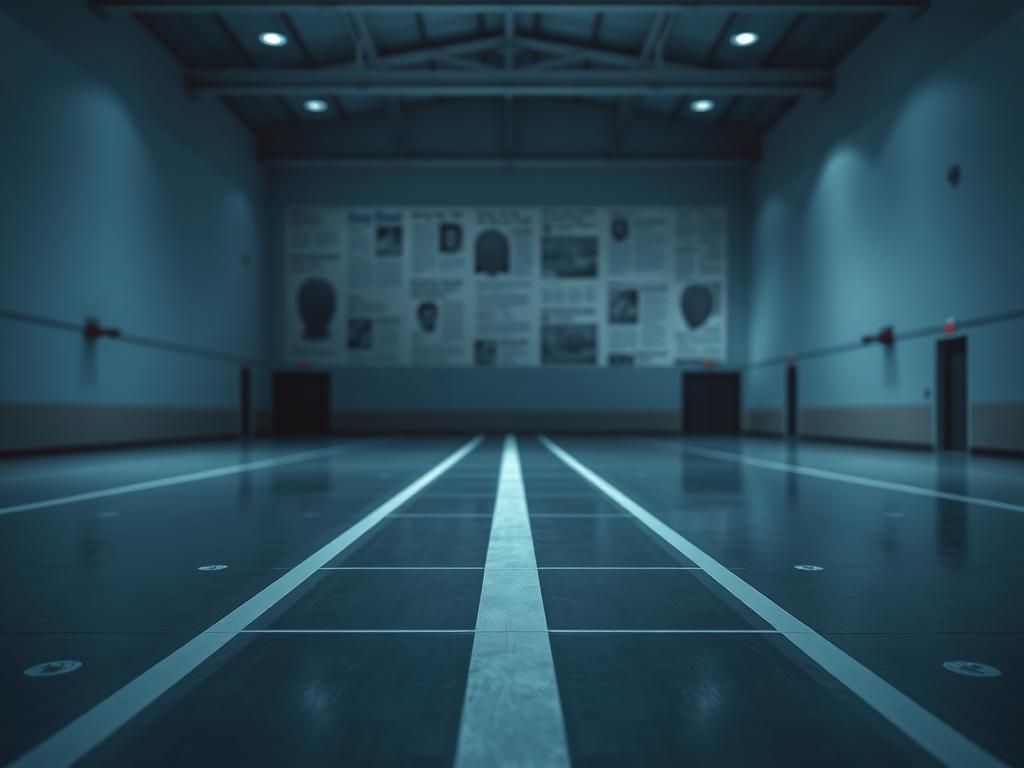 Flick International Empty indoor fencing arena with marked fencing strip and blurred fencing gear in the background