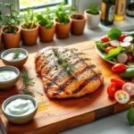 Flick International Vibrant kitchen scene with seared chicken paillard and fresh vegetables
