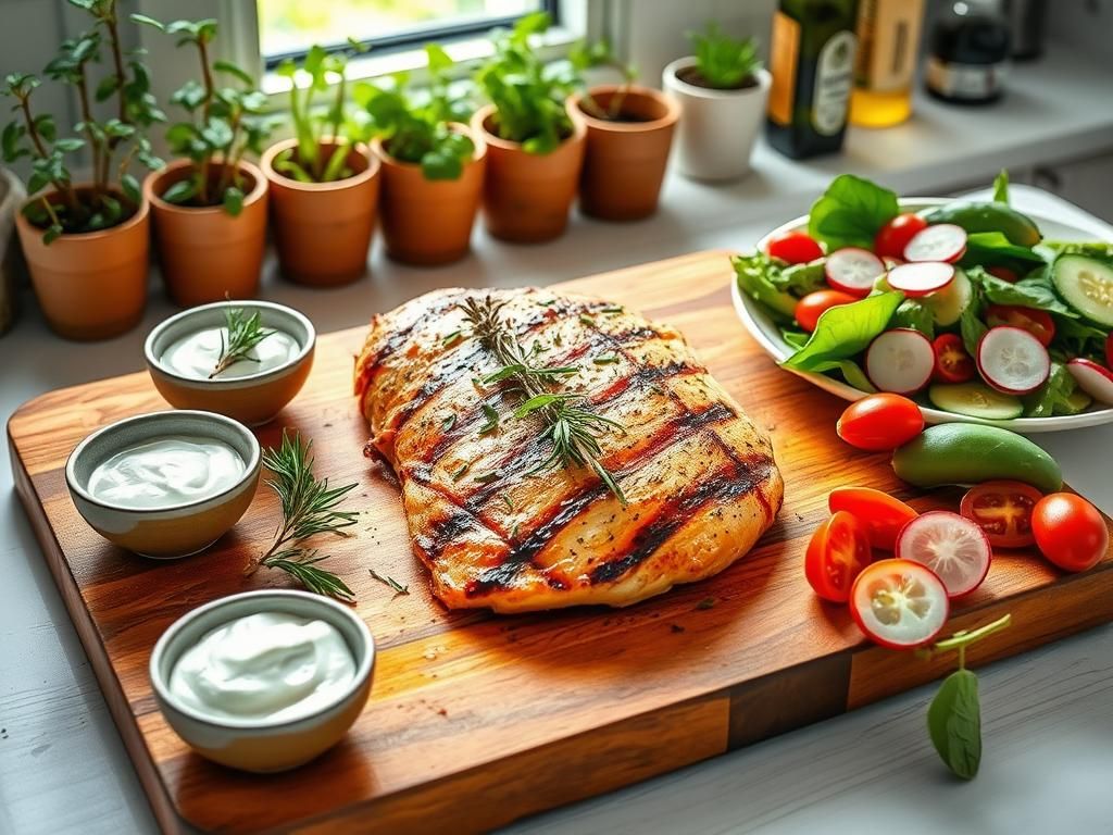 Flick International Vibrant kitchen scene with seared chicken paillard and fresh vegetables