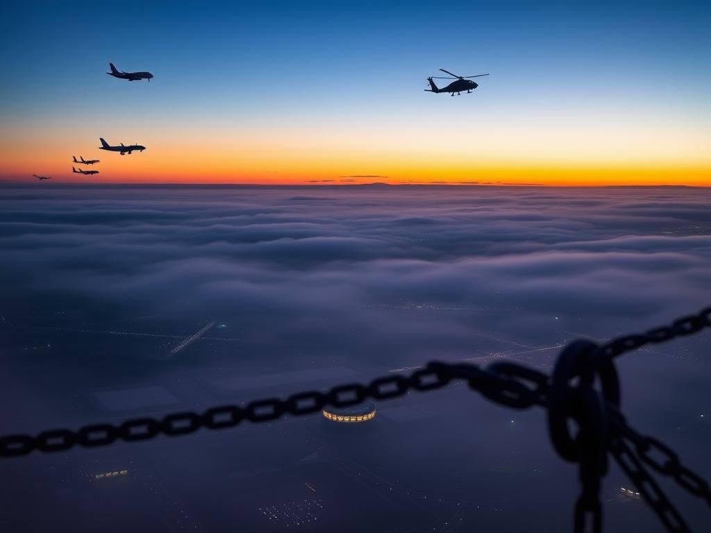 Flick International A serene aerial view of Ronald Reagan Washington National Airport at twilight, featuring commercial airliners and a Black Hawk helicopter