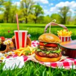 Flick International Vibrant picnic scene showcasing classic American food culture with a hamburger and fresh toppings