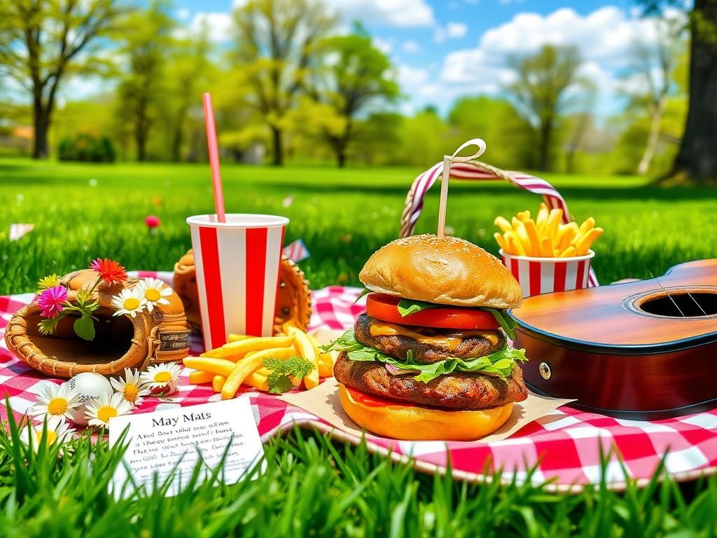 Flick International Vibrant picnic scene showcasing classic American food culture with a hamburger and fresh toppings