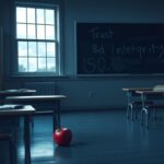 Flick International A somber classroom scene depicting an empty, dimly lit room with scattered desks and books