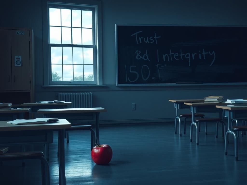 Flick International A somber classroom scene depicting an empty, dimly lit room with scattered desks and books