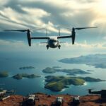 Flick International New tiltrotor aircraft FLRAA flying over Pacific island terrain