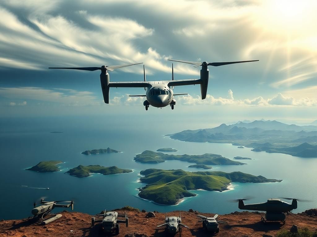 Flick International New tiltrotor aircraft FLRAA flying over Pacific island terrain