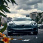 Flick International Gray Tesla parked on a bustling street in Hawaii with tropical foliage.