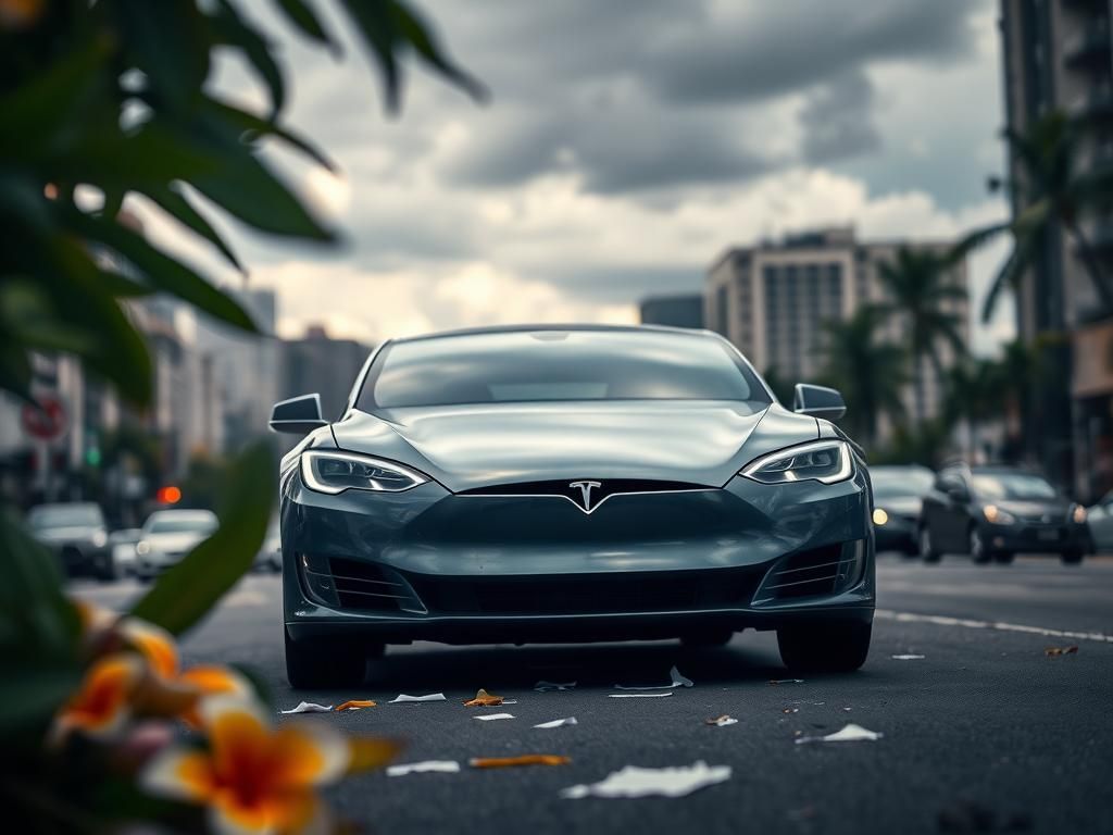 Flick International Gray Tesla parked on a bustling street in Hawaii with tropical foliage.