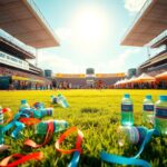 Flick International Colorful race bibs and water bottles on grassy area at a vibrant 5K event