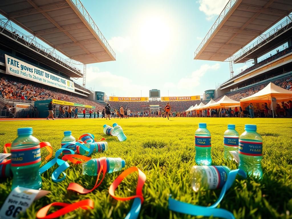 Flick International Colorful race bibs and water bottles on grassy area at a vibrant 5K event