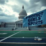Flick International Maine State Capitol with empty sports field and 'Protect Girls' Sports' banner