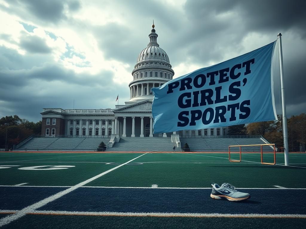 Flick International Maine State Capitol with empty sports field and 'Protect Girls' Sports' banner