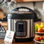 Flick International Close-up of a modern Ninja Foodi pressure cooker with a cracked lid on a kitchen countertop