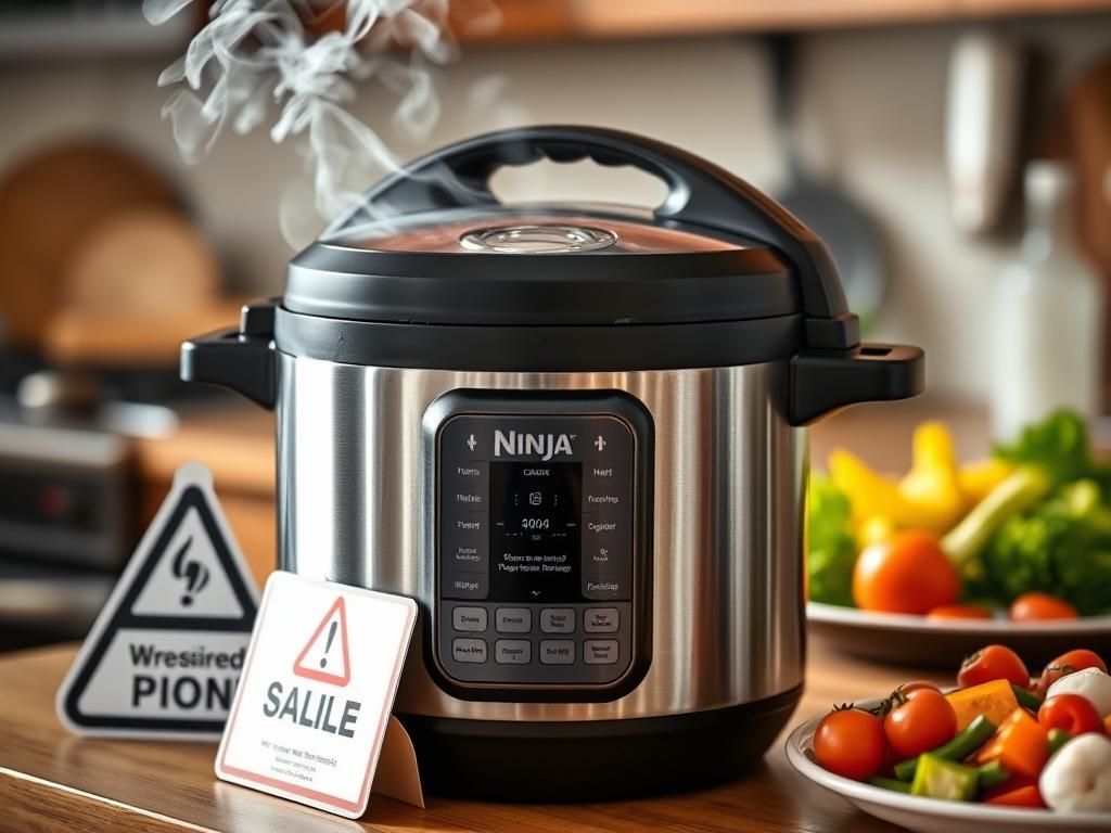 Flick International Close-up of a modern Ninja Foodi pressure cooker with a cracked lid on a kitchen countertop