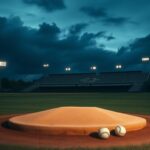 Flick International A desolate baseball field at dusk with a worn-out pitcher's mound