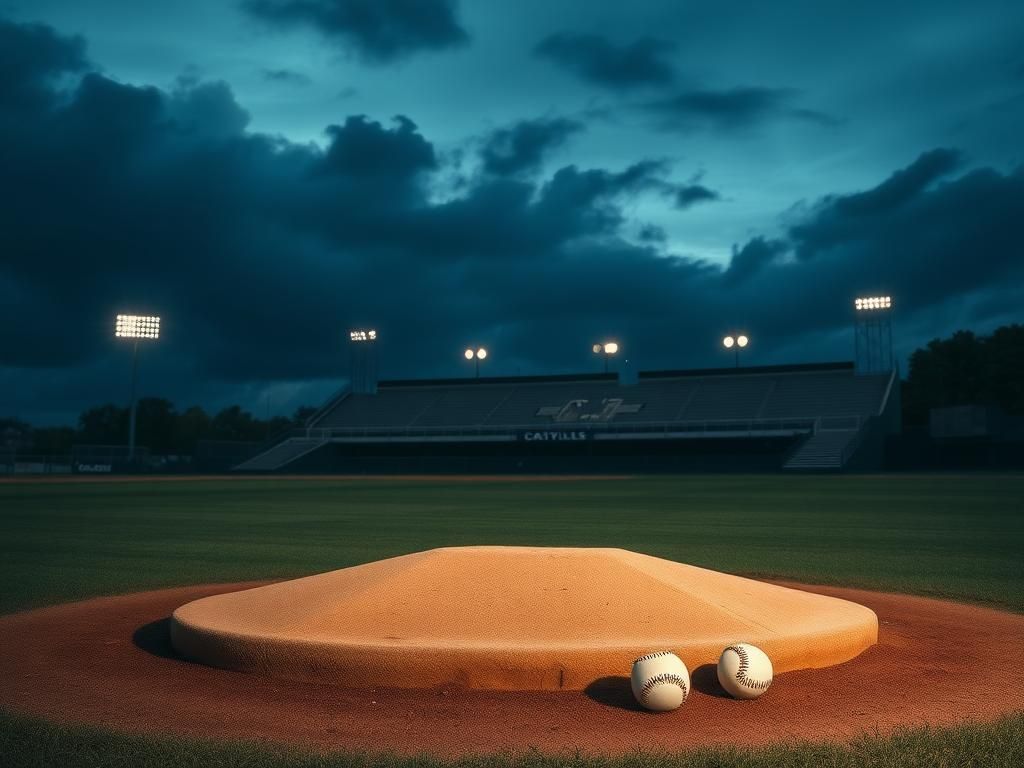 Flick International A desolate baseball field at dusk with a worn-out pitcher's mound