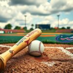 Flick International Close-up of a baseball bat on home plate with a vibrant baseball diamond in the background