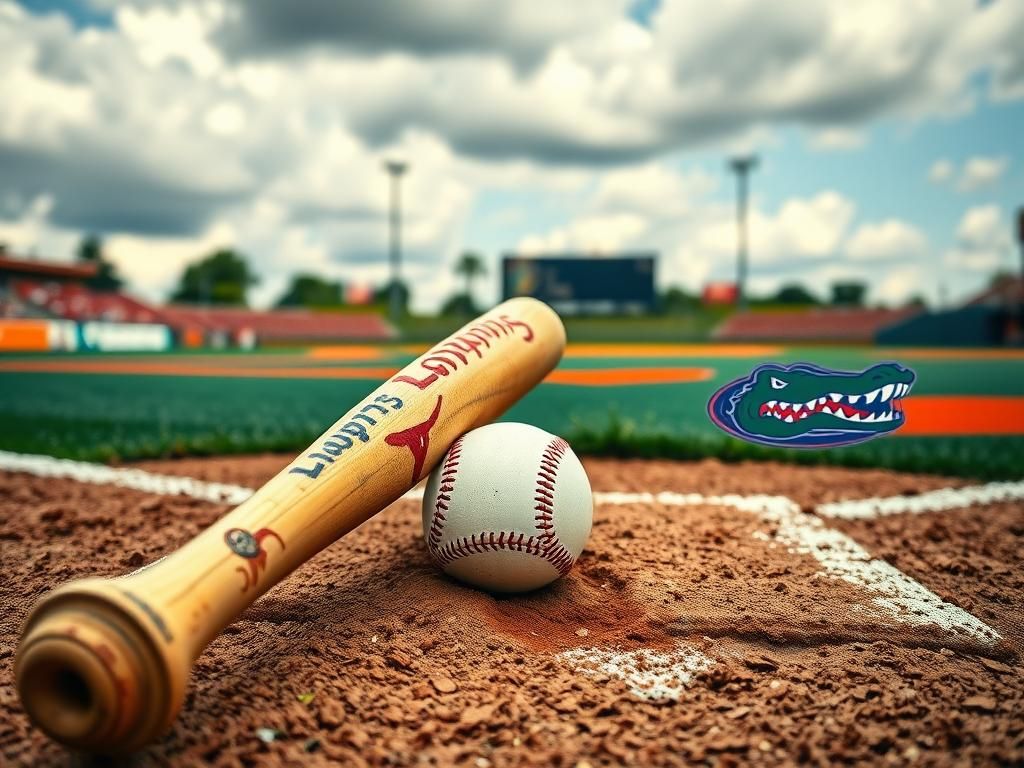 Flick International Close-up of a baseball bat on home plate with a vibrant baseball diamond in the background