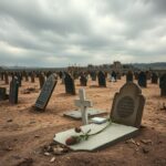 Flick International Somber cemetery scene in northern Syria with unmarked grave and wilting flower