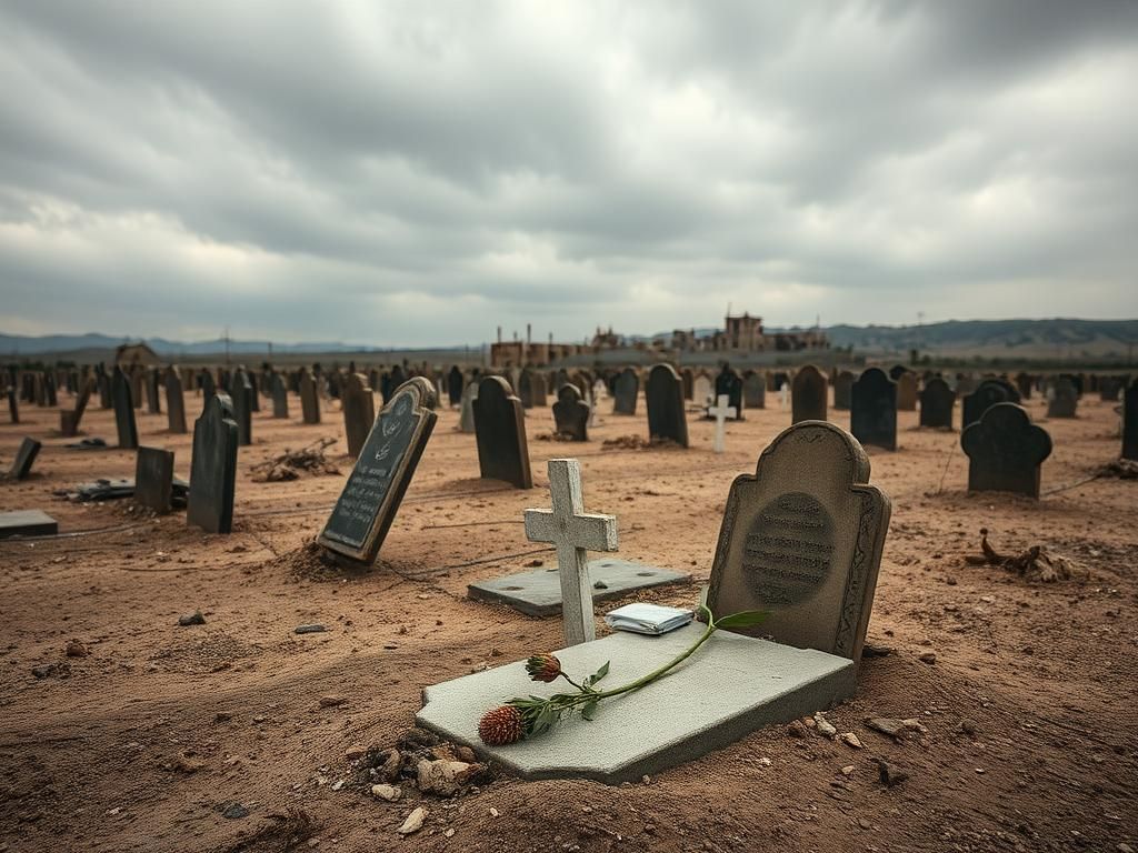 Flick International Somber cemetery scene in northern Syria with unmarked grave and wilting flower