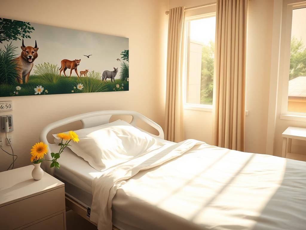 Flick International Serene hospital room with a neatly made bed and vibrant yellow flowers representing hope