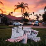 Flick International Suburban home in Southern California under police investigation with scattered protest flyers