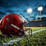 Flick International Close-up of a Tampa Bay Buccaneers defensive tackle helmet on the turf