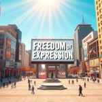 Flick International A vibrant cityscape featuring a public square with a billboard displaying 'Freedom of Expression'