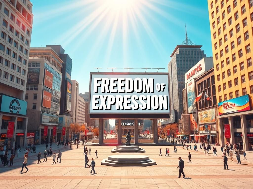 Flick International A vibrant cityscape featuring a public square with a billboard displaying 'Freedom of Expression'