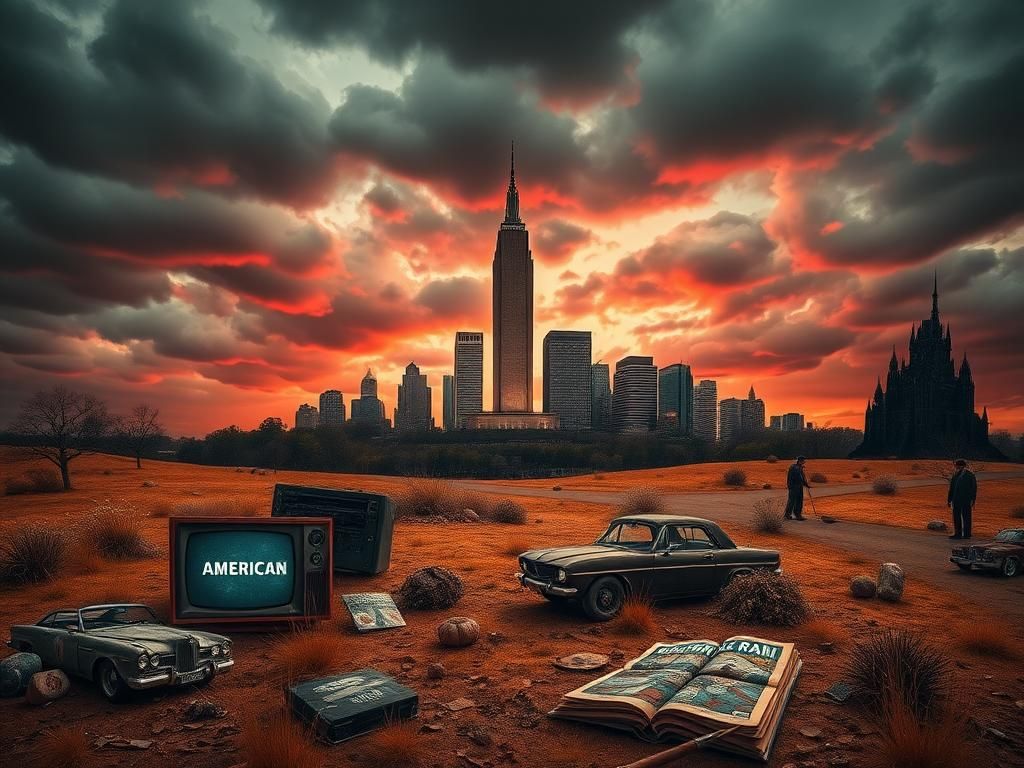 Flick International Surreal artistic representation of an American landscape portraying the allure and complexities of American identity.