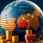 Flick International Close-up of a textured globe highlighting the United States and China with trade route arrows