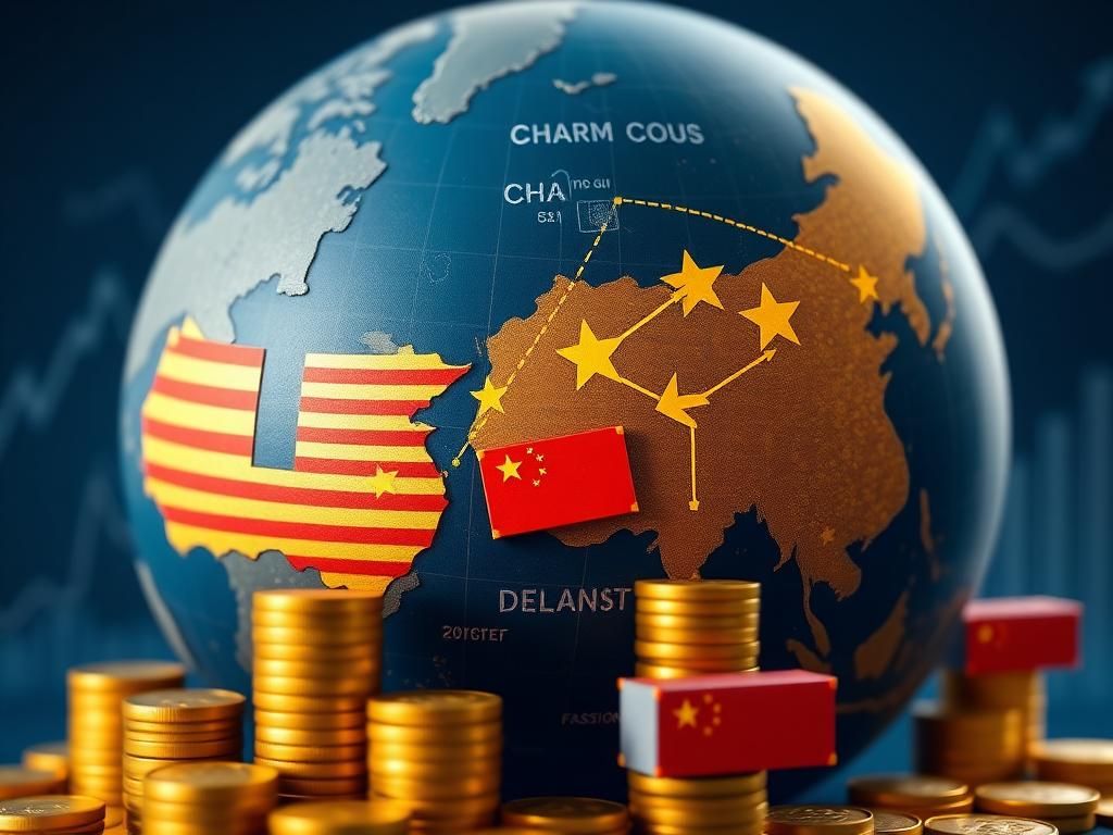 Flick International Close-up of a textured globe highlighting the United States and China with trade route arrows