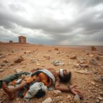 Flick International Partially exposed human remains in an arid northern Syrian landscape