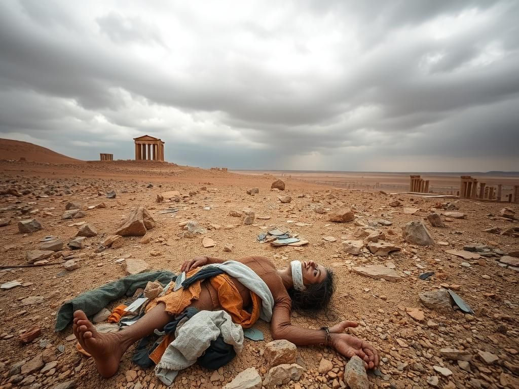 Flick International Partially exposed human remains in an arid northern Syrian landscape