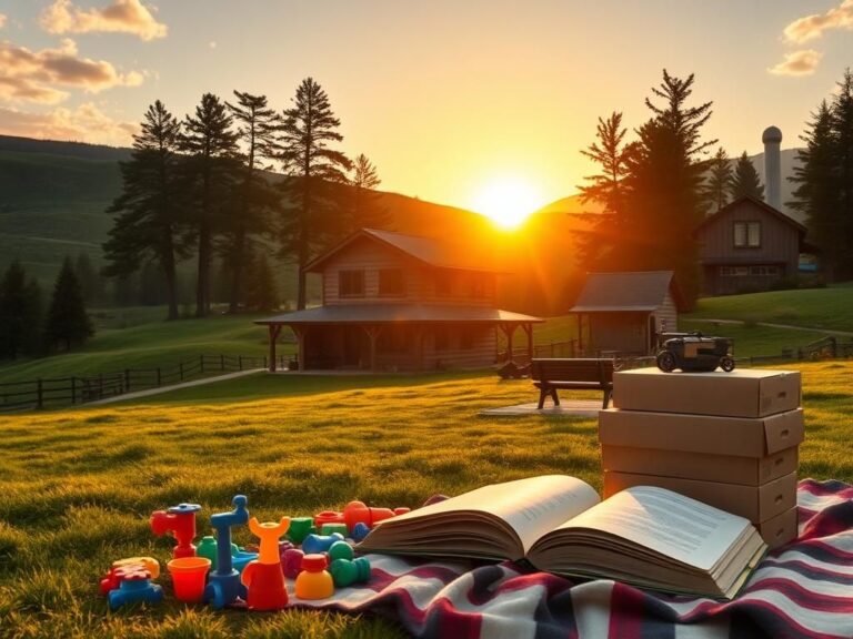 Flick International Serene military landscape at dawn featuring a rustic house and children's play area