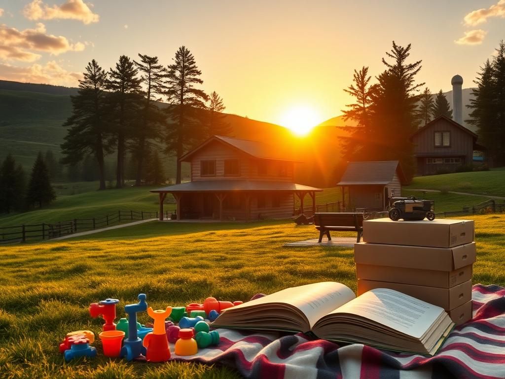Flick International Serene military landscape at dawn featuring a rustic house and children's play area