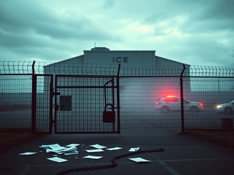 Flick International Exterior view of a stark ICE facility surrounded by barbed wire and a moody sky